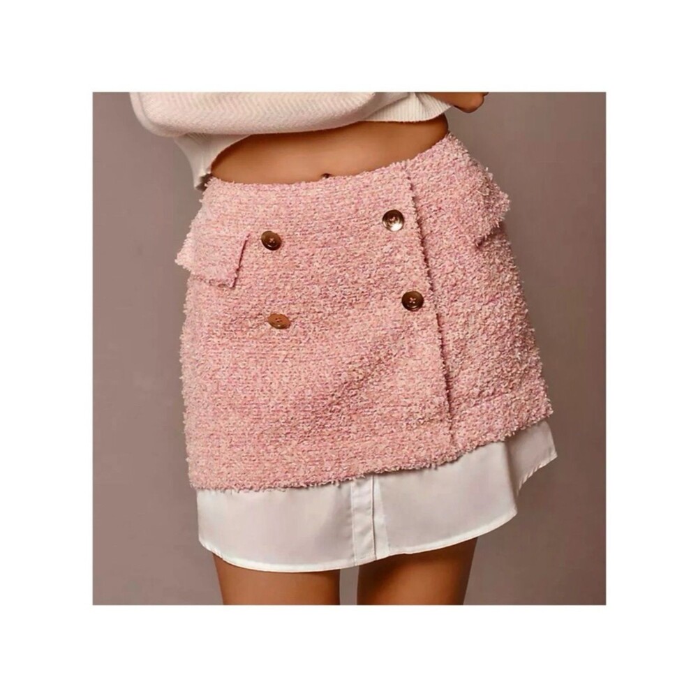 Anthropologie Maeve Tweed Button-Front Layered Mini Skirt Pink | Size 10 | NWT